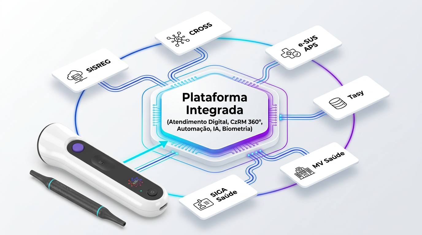Diagrama da plataforma CONNEXT integrando SISREG, CROSS, e-SUS APS, Tasy, MV Saúde, SIGA Saúde e bases cadastrais próprias, com o dispositivo N9+ conectado ao núcleo