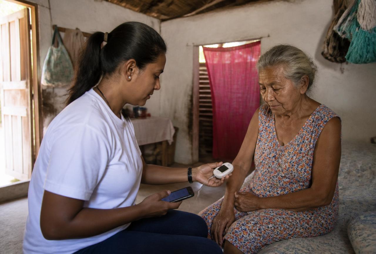 Agente comunitário de saúde usando o N9+ em visita domiciliar na zona rural